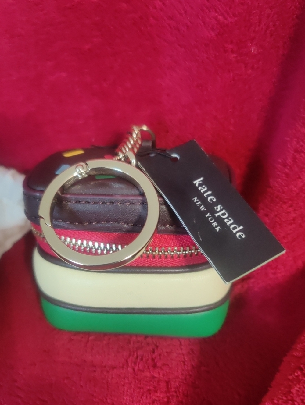kate spade Multicolor Leather Zip Key & Card Holder in Burgundy, Green, Cream